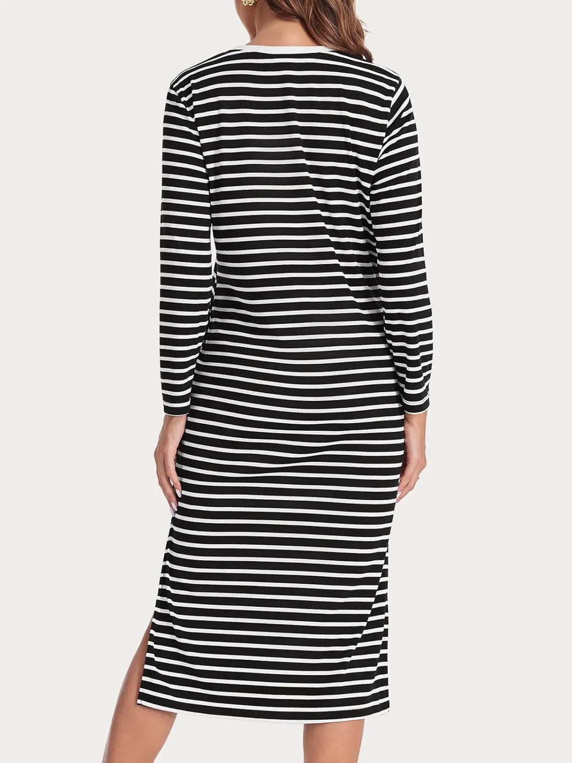 Wenrine Womens Striped Midi Dress Casual Long Sleeve Side Slit Loose T Shirt Dresses