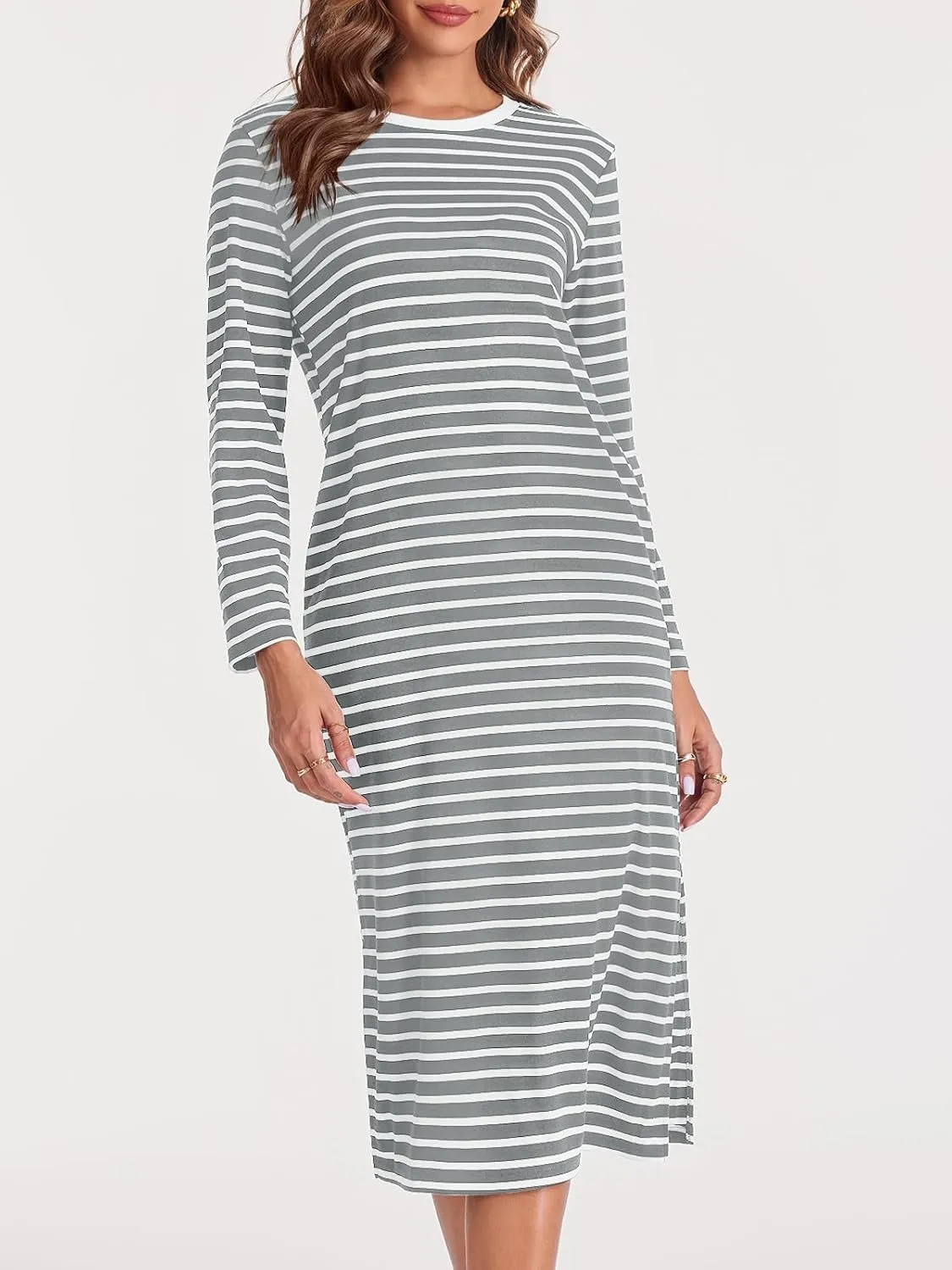 Wenrine Womens Striped Midi Dress Casual Long Sleeve Side Slit Loose T Shirt Dresses