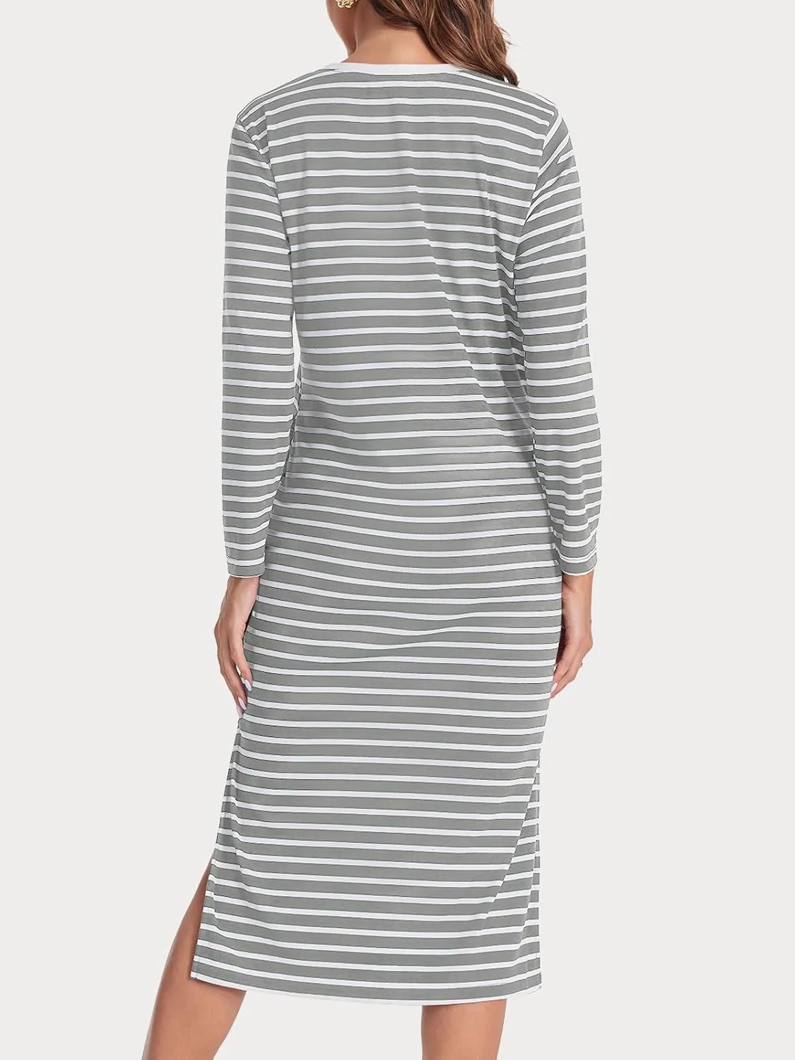 Wenrine Womens Striped Midi Dress Casual Long Sleeve Side Slit Loose T Shirt Dresses