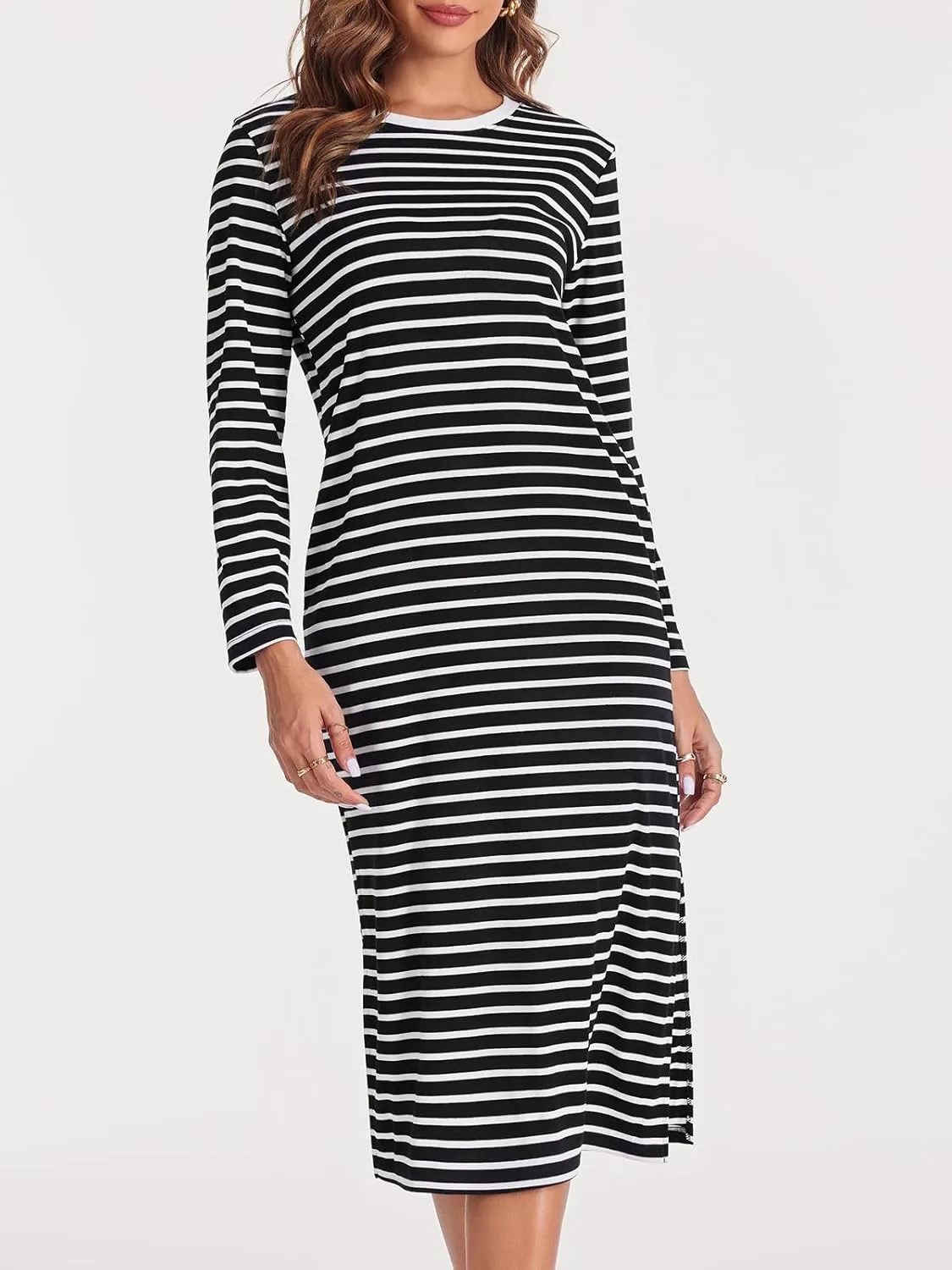 Wenrine Womens Striped Midi Dress Casual Long Sleeve Side Slit Loose T Shirt Dresses