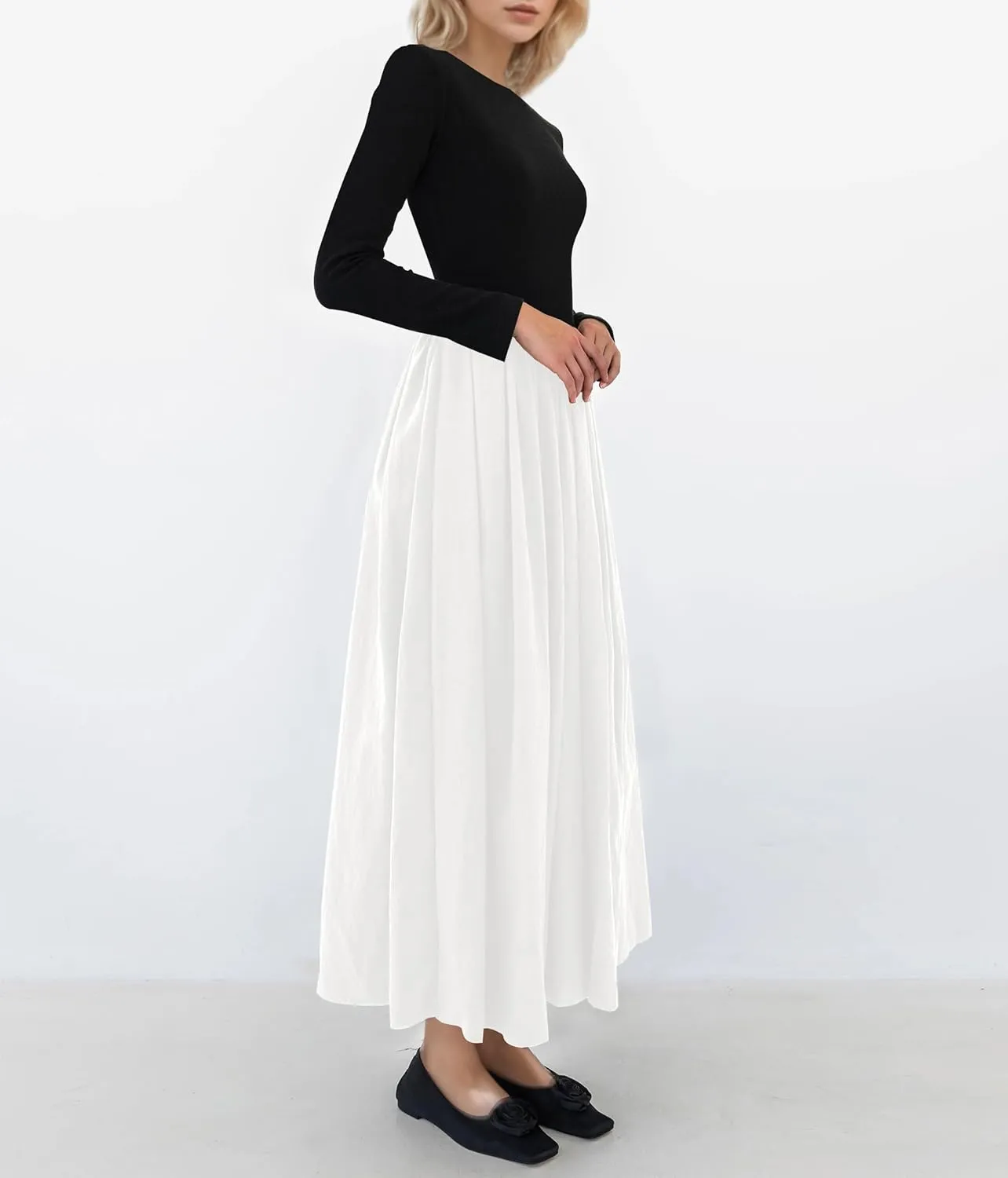 Women Boat Neck Long Sleeve Maxi Dresses Slim Fit Drop-Waist Patchwork Dress Flowy Swing Fall Long Dress