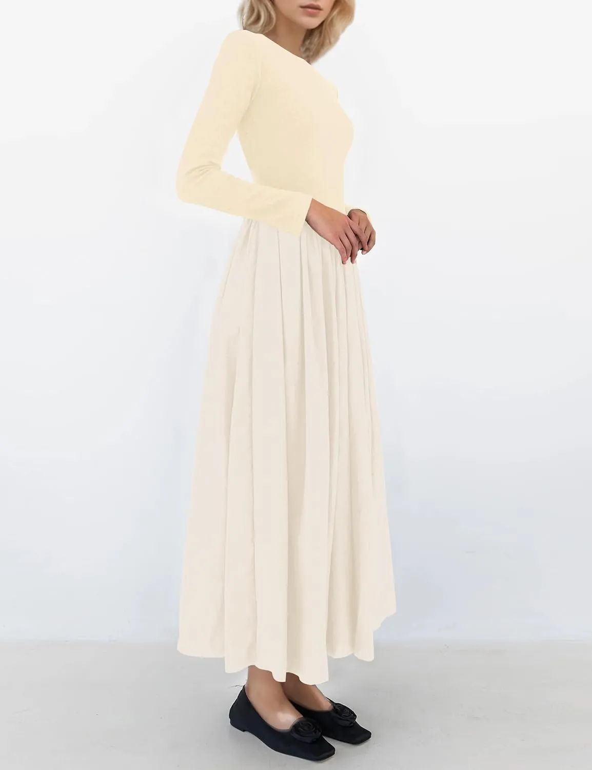 Women Boat Neck Long Sleeve Maxi Dresses Slim Fit Drop-Waist Patchwork Dress Flowy Swing Fall Long Dress