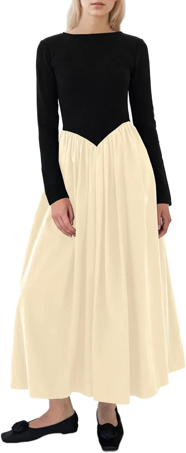 Women Boat Neck Long Sleeve Maxi Dresses Slim Fit Drop-Waist Patchwork Dress Flowy Swing Fall Long Dress
