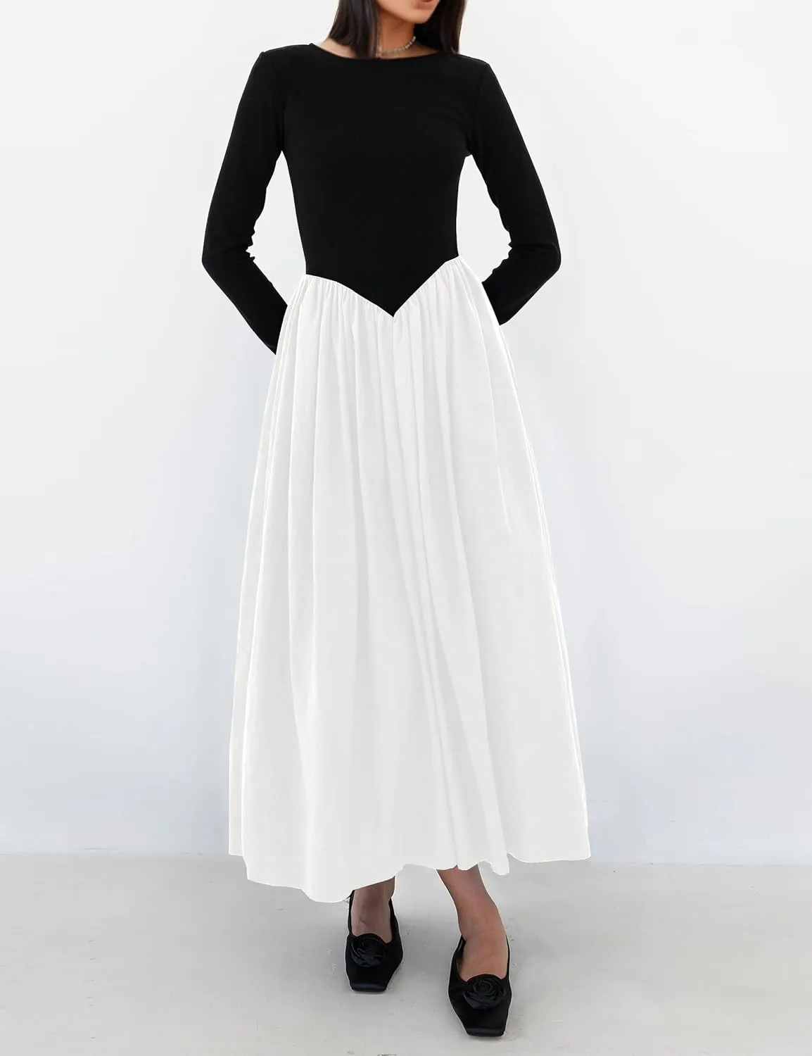 Women Boat Neck Long Sleeve Maxi Dresses Slim Fit Drop-Waist Patchwork Dress Flowy Swing Fall Long Dress
