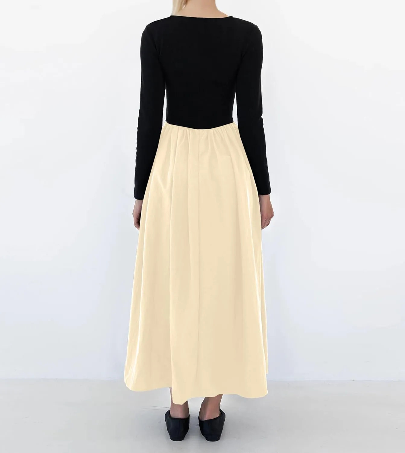 Women Boat Neck Long Sleeve Maxi Dresses Slim Fit Drop-Waist Patchwork Dress Flowy Swing Fall Long Dress