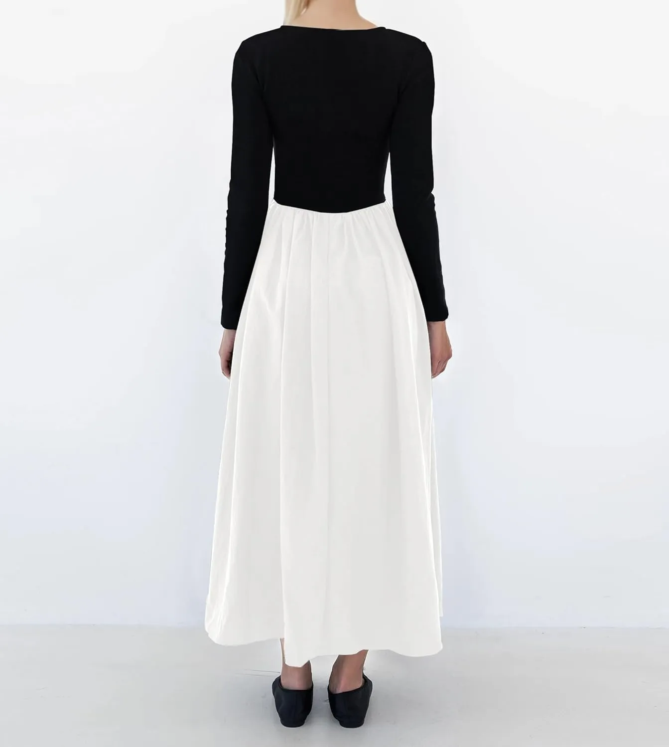 Women Boat Neck Long Sleeve Maxi Dresses Slim Fit Drop-Waist Patchwork Dress Flowy Swing Fall Long Dress