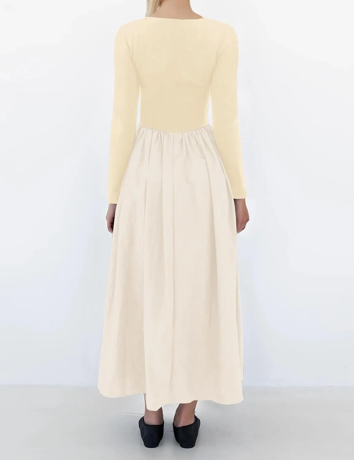 Women Boat Neck Long Sleeve Maxi Dresses Slim Fit Drop-Waist Patchwork Dress Flowy Swing Fall Long Dress
