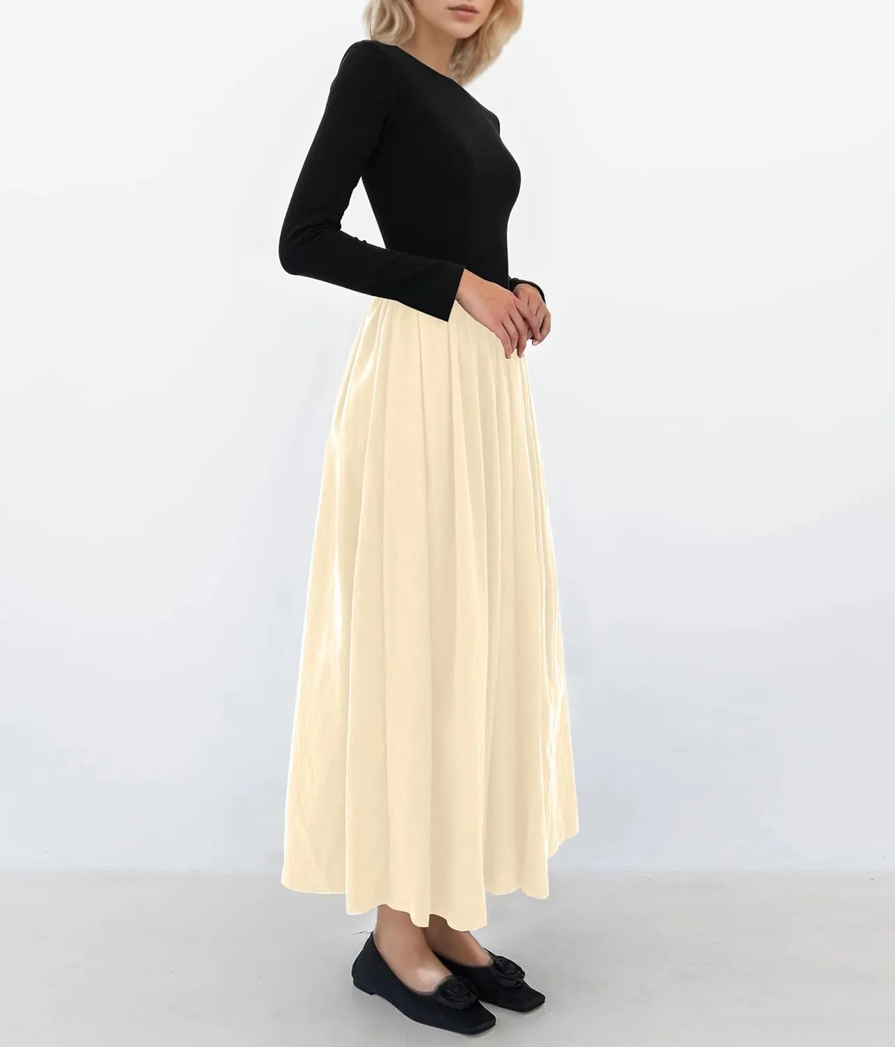 Women Boat Neck Long Sleeve Maxi Dresses Slim Fit Drop-Waist Patchwork Dress Flowy Swing Fall Long Dress