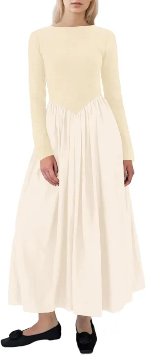 Women Boat Neck Long Sleeve Maxi Dresses Slim Fit Drop-Waist Patchwork Dress Flowy Swing Fall Long Dress