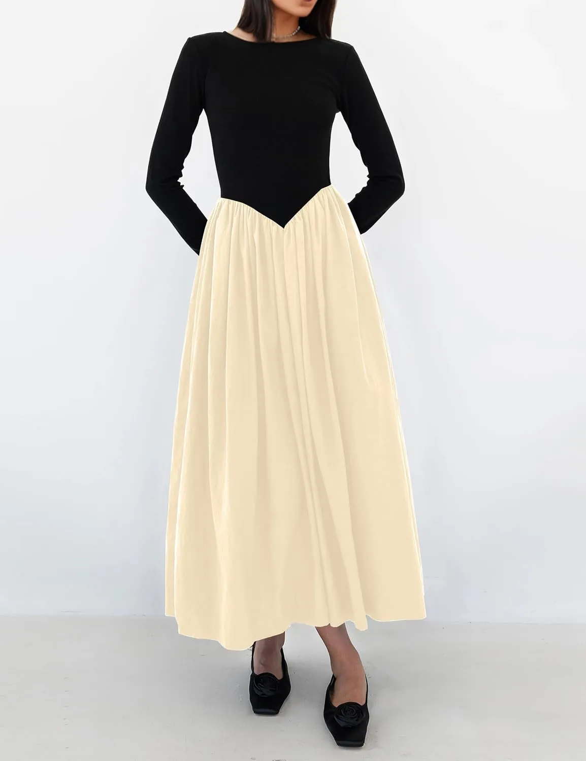 Women Boat Neck Long Sleeve Maxi Dresses Slim Fit Drop-Waist Patchwork Dress Flowy Swing Fall Long Dress