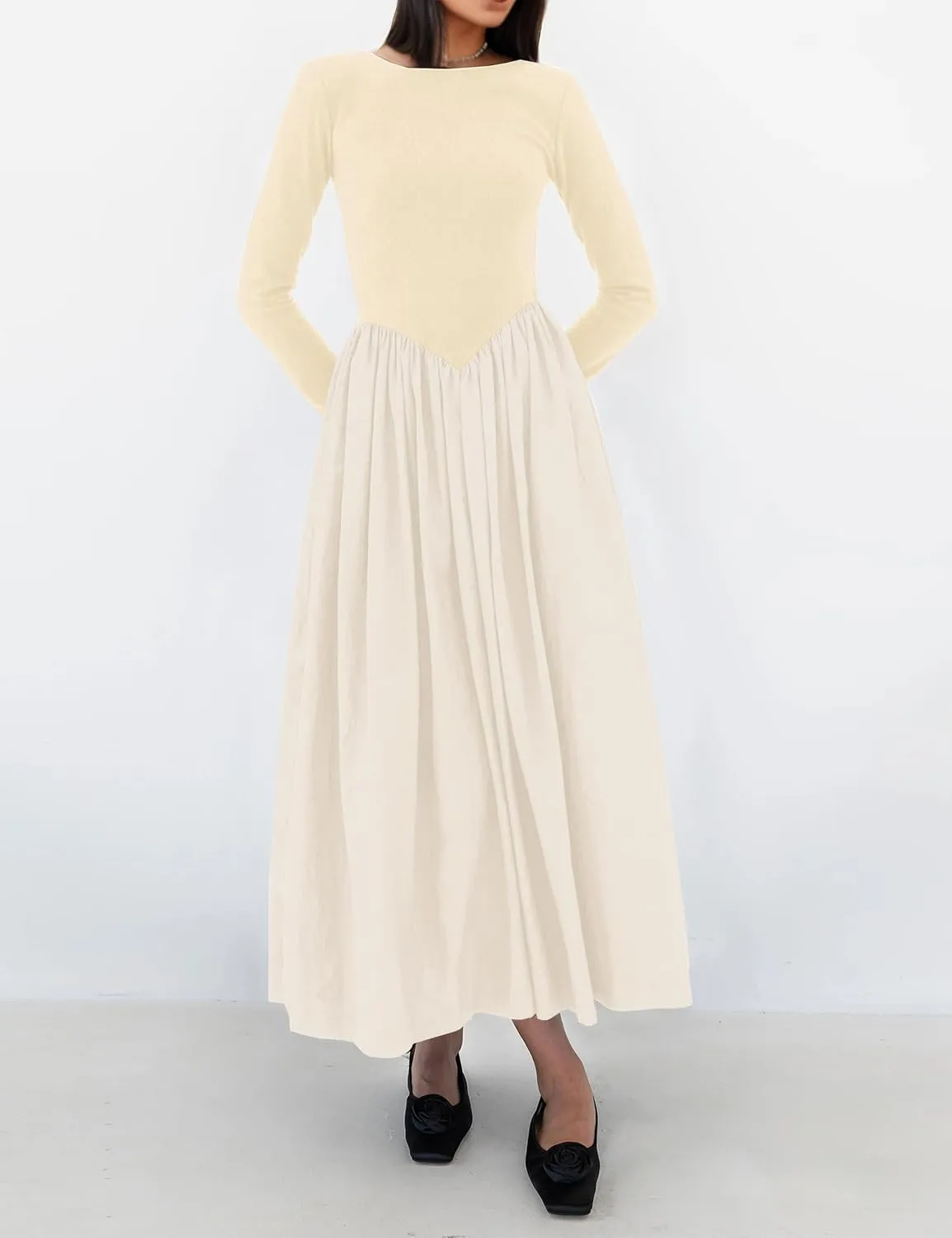 Women Boat Neck Long Sleeve Maxi Dresses Slim Fit Drop-Waist Patchwork Dress Flowy Swing Fall Long Dress