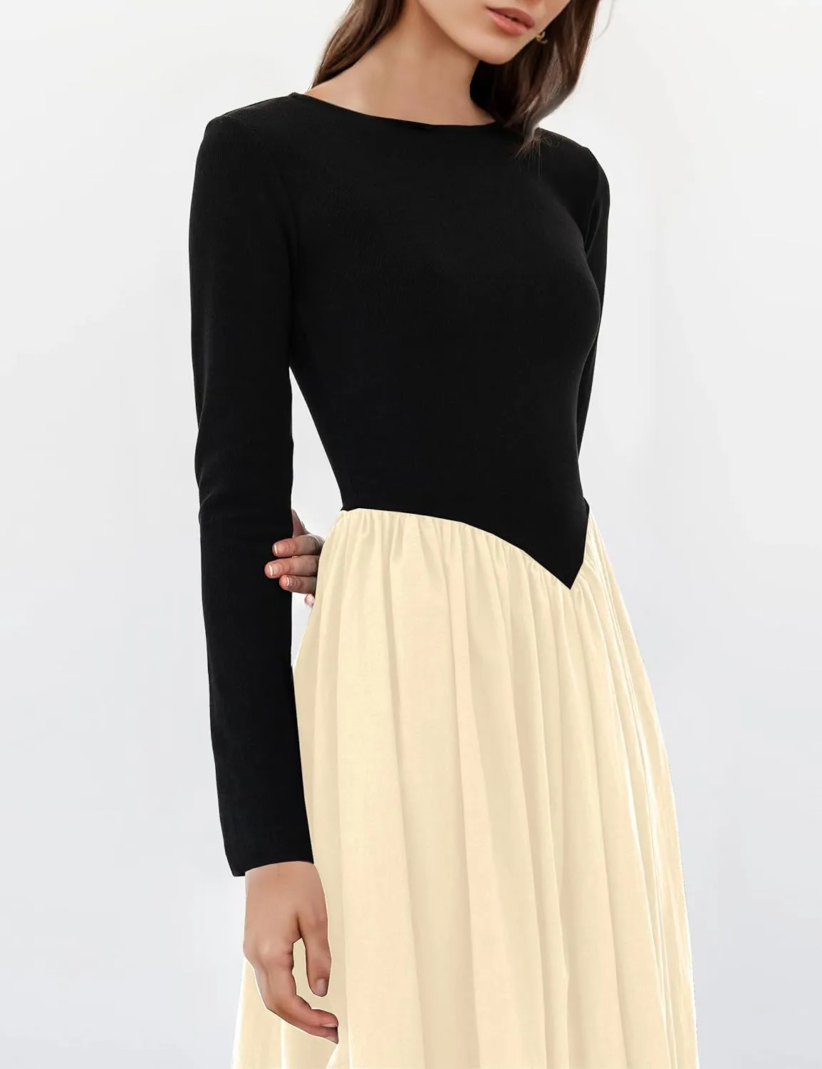 Women Boat Neck Long Sleeve Maxi Dresses Slim Fit Drop-Waist Patchwork Dress Flowy Swing Fall Long Dress