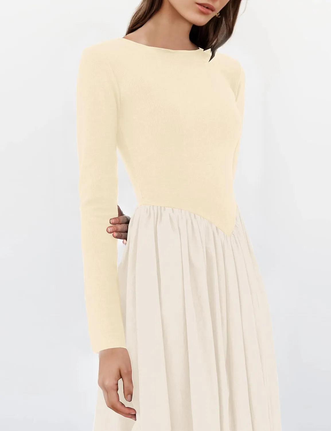 Women Boat Neck Long Sleeve Maxi Dresses Slim Fit Drop-Waist Patchwork Dress Flowy Swing Fall Long Dress