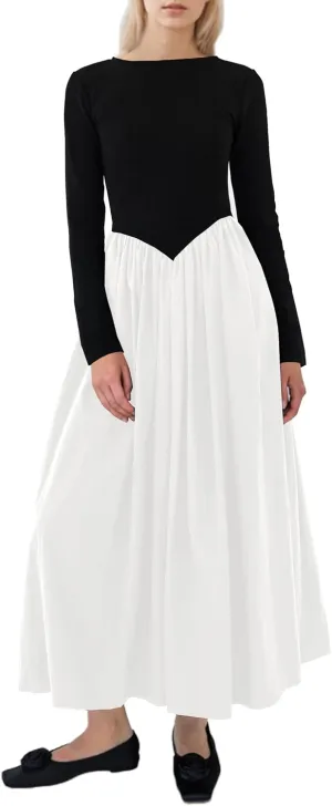 Women Boat Neck Long Sleeve Maxi Dresses Slim Fit Drop-Waist Patchwork Dress Flowy Swing Fall Long Dress