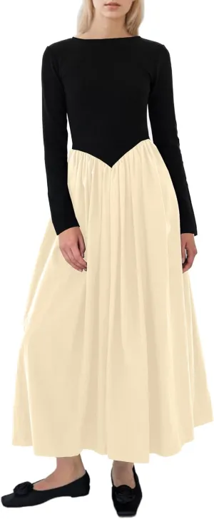Women Boat Neck Long Sleeve Maxi Dresses Slim Fit Drop-Waist Patchwork Dress Flowy Swing Fall Long Dress