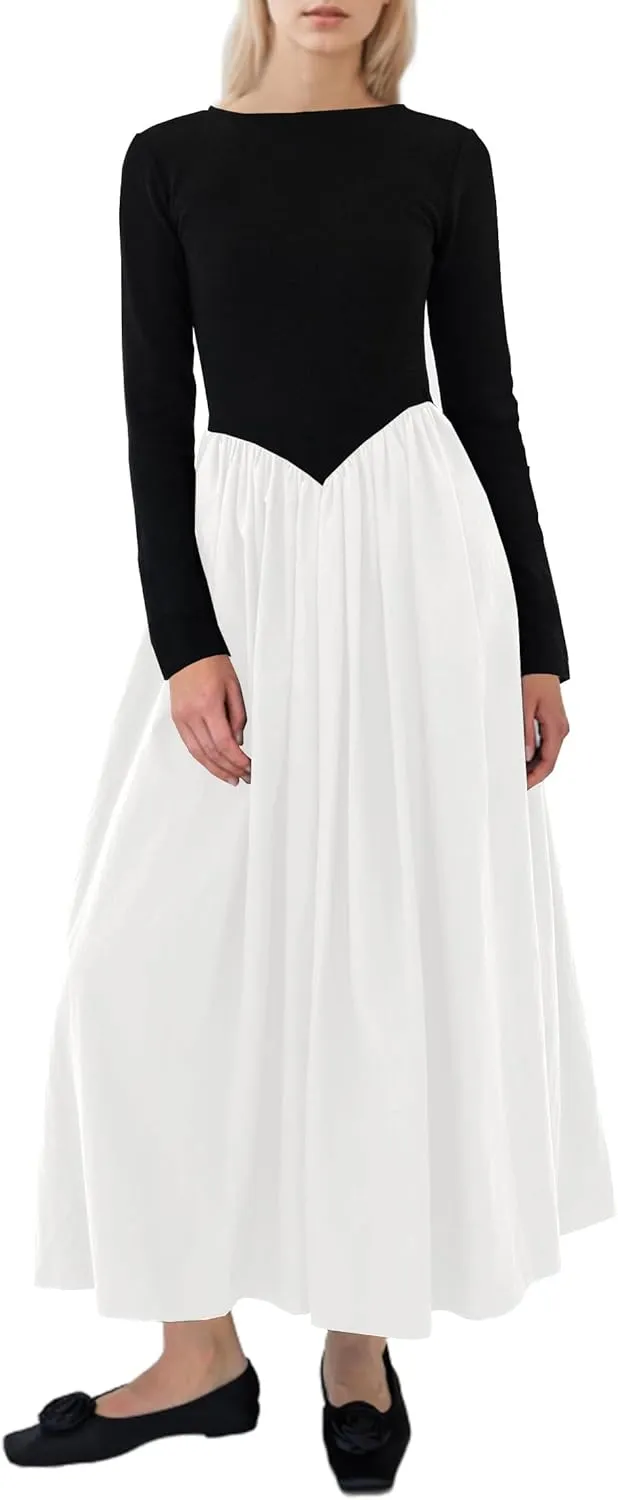 Women Boat Neck Long Sleeve Maxi Dresses Slim Fit Drop-Waist Patchwork Dress Flowy Swing Fall Long Dress