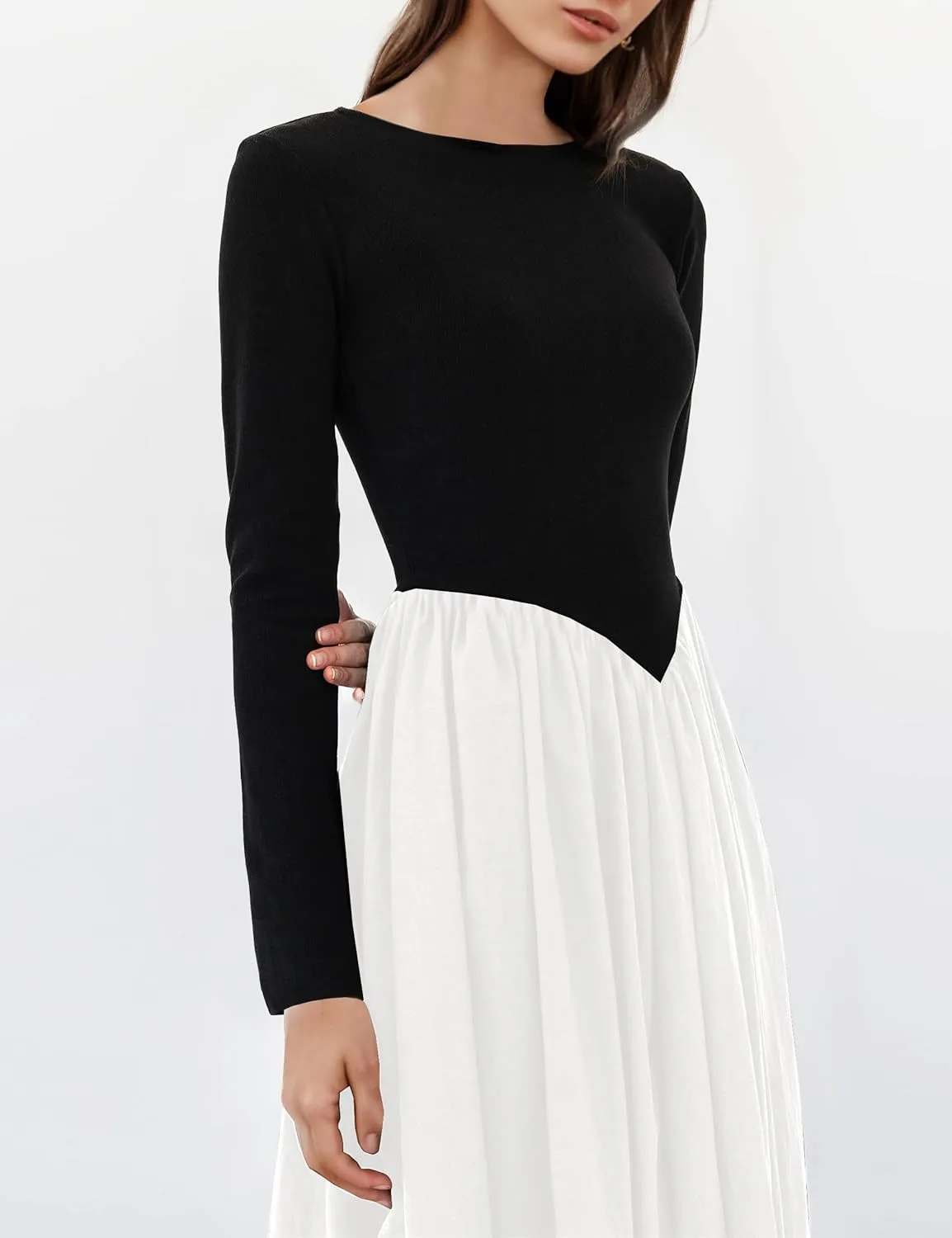 Women Boat Neck Long Sleeve Maxi Dresses Slim Fit Drop-Waist Patchwork Dress Flowy Swing Fall Long Dress