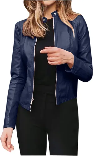 Women Faux Leather Jacket, Women's Zip Up Motorcycle Short PU Moto Biker Outwear Fitted Slim Coat Tops