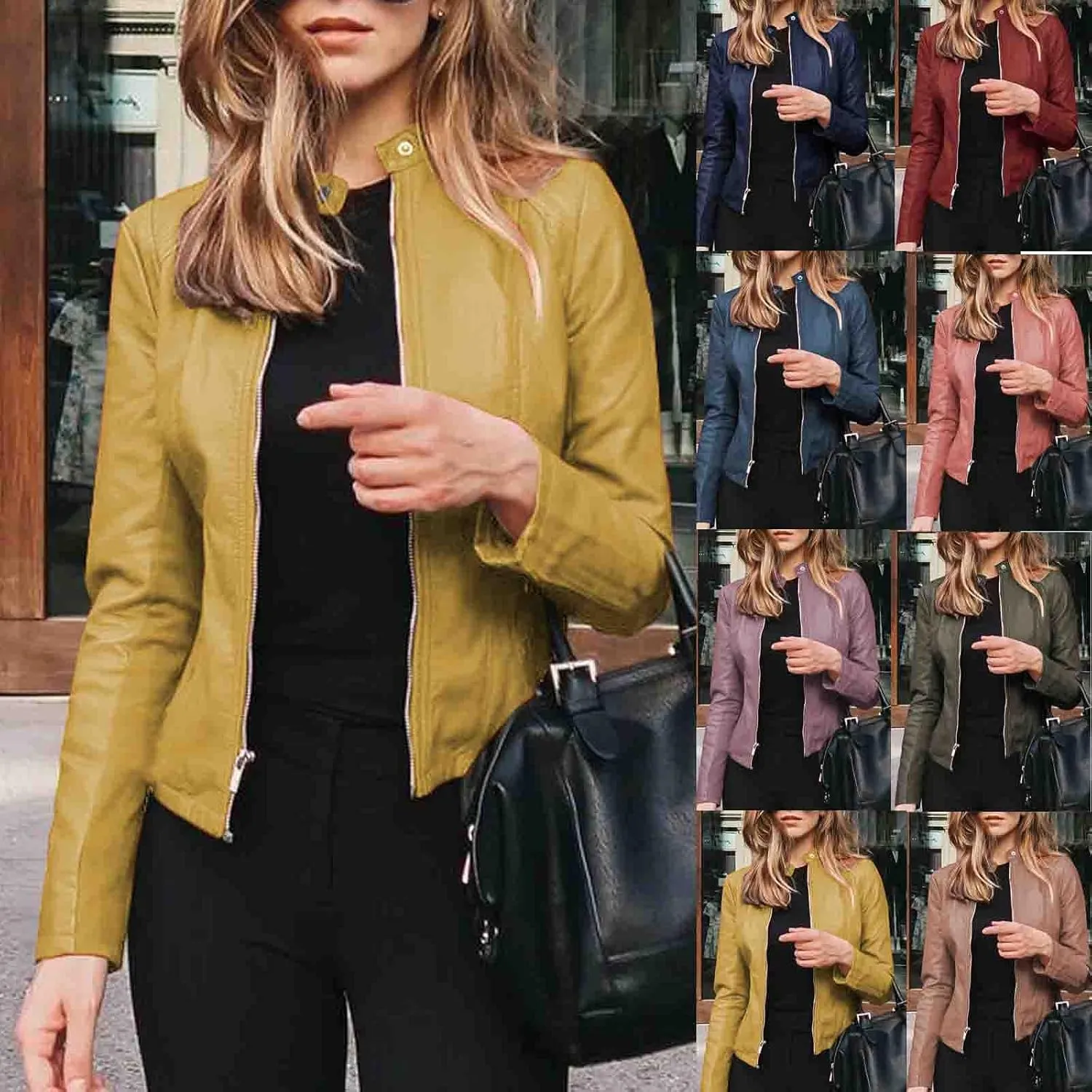 Women Faux Leather Jacket, Women's Zip Up Motorcycle Short PU Moto Biker Outwear Fitted Slim Coat Tops