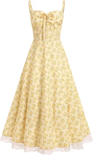 Women Floral Corset Dress Cottagecore Tiered Dress Sleeveless Bustier Dress Summer Flowy Spaghetti Strap Sundress
