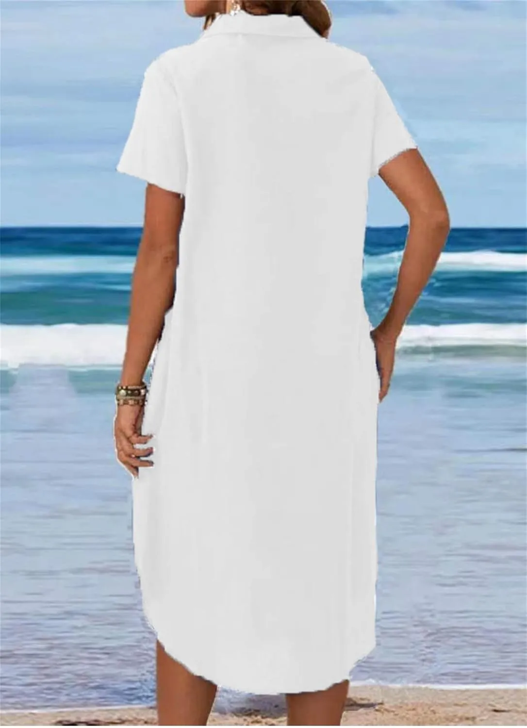 Womens Cotton Linen Shirt Dress Summer Casual Short Sleeve Cover Up Dress Button Down Beach Vacation Dresses Pockets