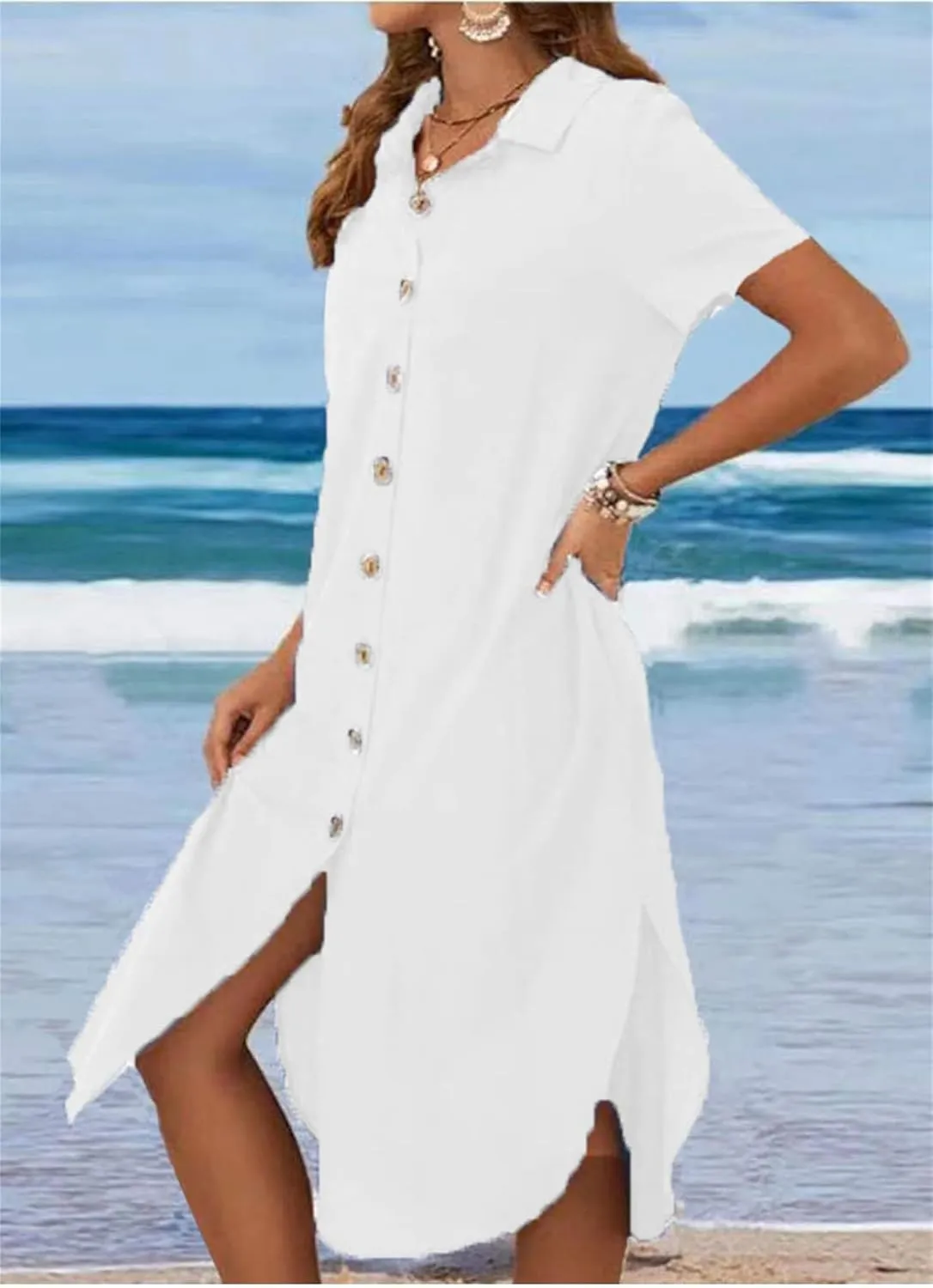 Womens Cotton Linen Shirt Dress Summer Casual Short Sleeve Cover Up Dress Button Down Beach Vacation Dresses Pockets