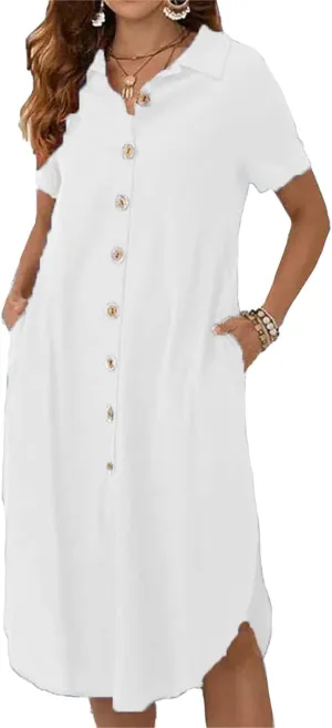 Womens Cotton Linen Shirt Dress Summer Casual Short Sleeve Cover Up Dress Button Down Beach Vacation Dresses Pockets