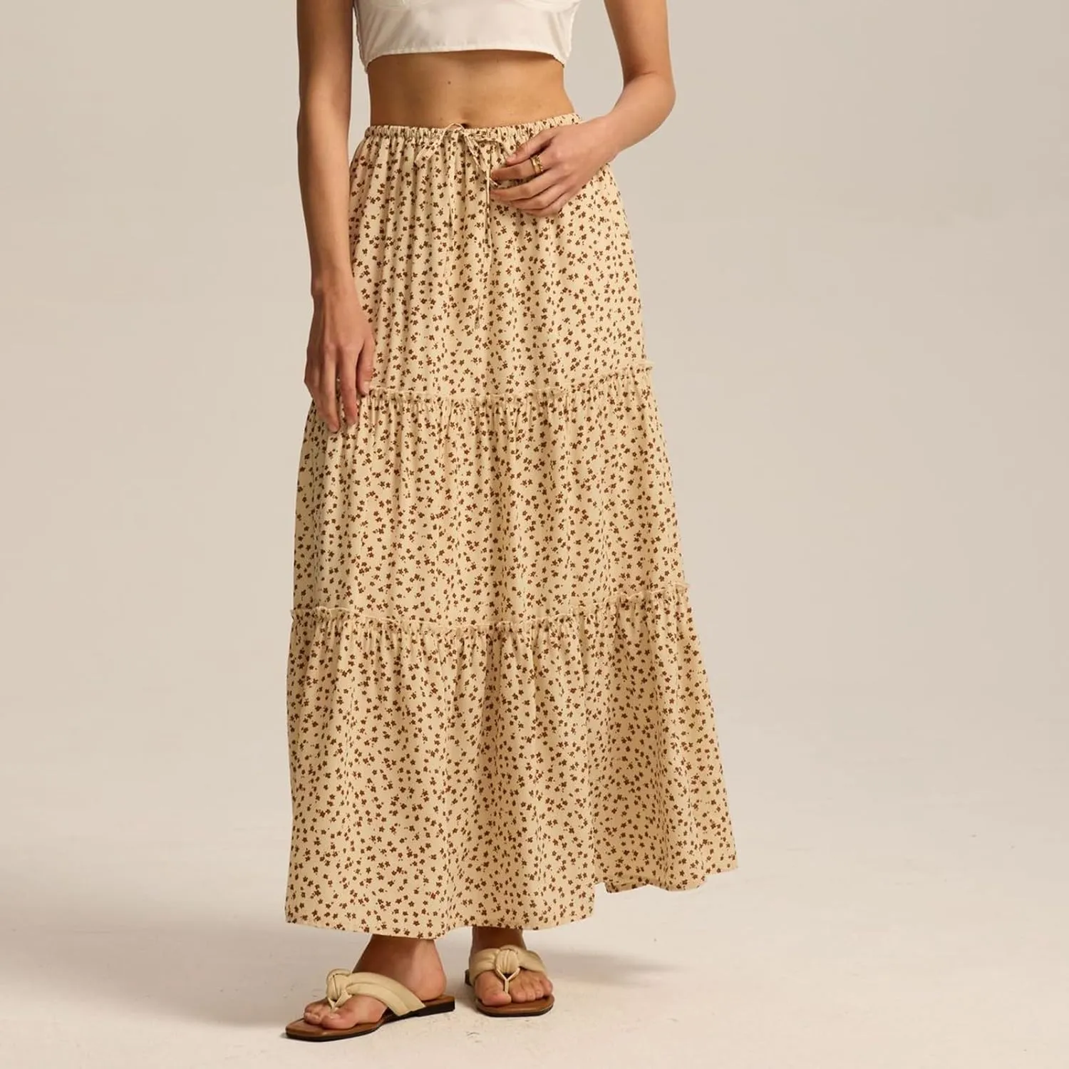 Women's Long Skirts Summer Oho Maxi Skirt Swing Tiered A-Line Elastic High Waist Dress with Pockets Skirts, S-L