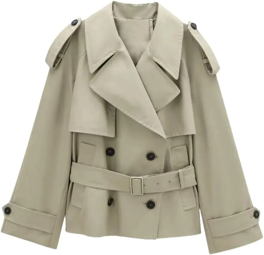 Women's Long Sleeve Button-Up Short Trench Coat Casual Vintage Outerwear Lapel Windbreaker With Pockets
