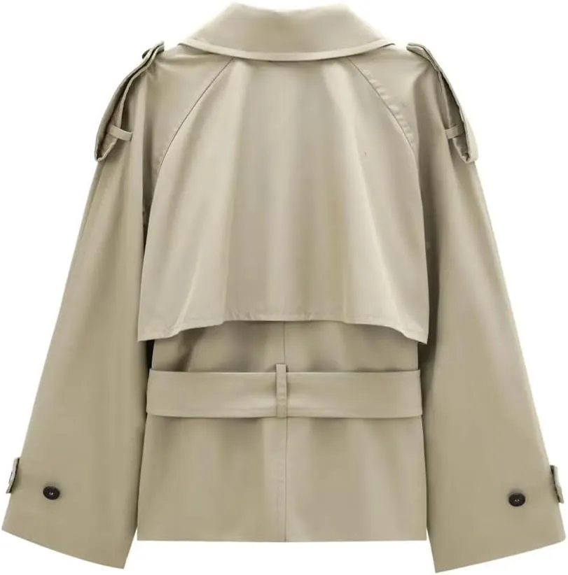 Women's Long Sleeve Button-Up Short Trench Coat Casual Vintage Outerwear Lapel Windbreaker With Pockets