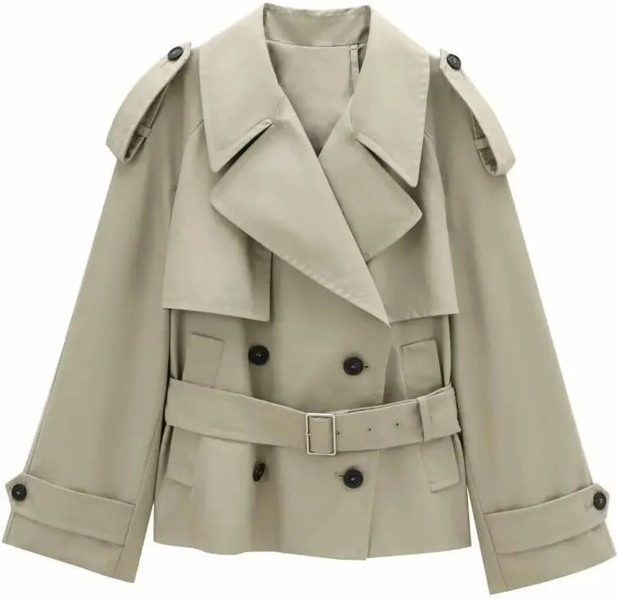 Women's Long Sleeve Button-Up Short Trench Coat Casual Vintage Outerwear Lapel Windbreaker With Pockets