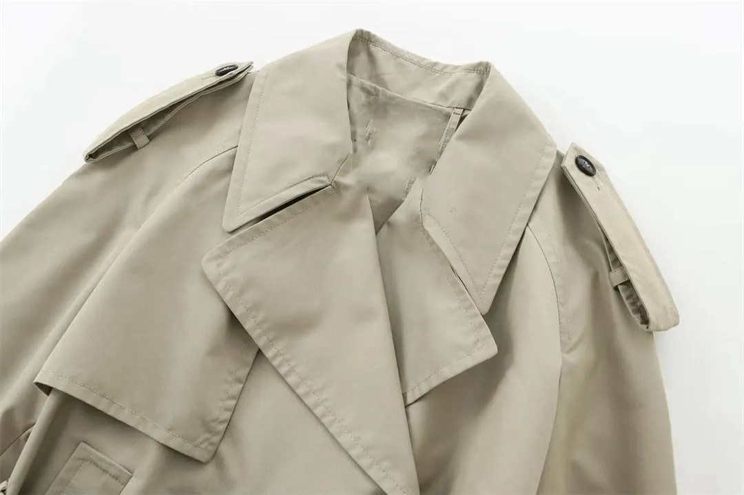 Women's Long Sleeve Button-Up Short Trench Coat Casual Vintage Outerwear Lapel Windbreaker With Pockets