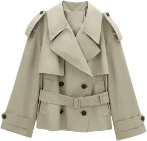 Women's Long Sleeve Button-Up Short Trench Coat Casual Vintage Outerwear Lapel Windbreaker With Pockets