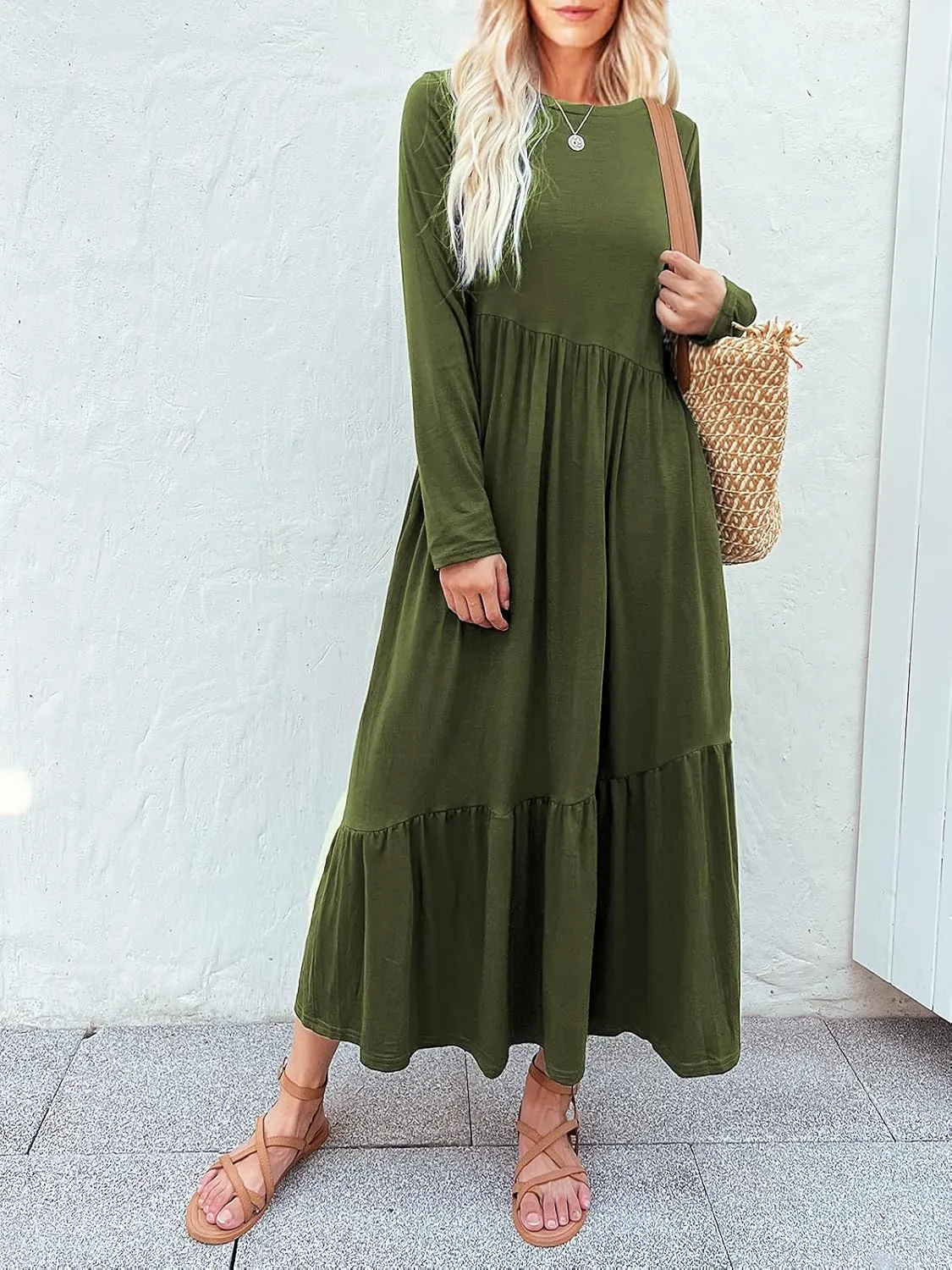 Women's Long Sleeves Maxi Dress Casual Loose Tiered Flowy Swing Beach Long Dresses with Pockets