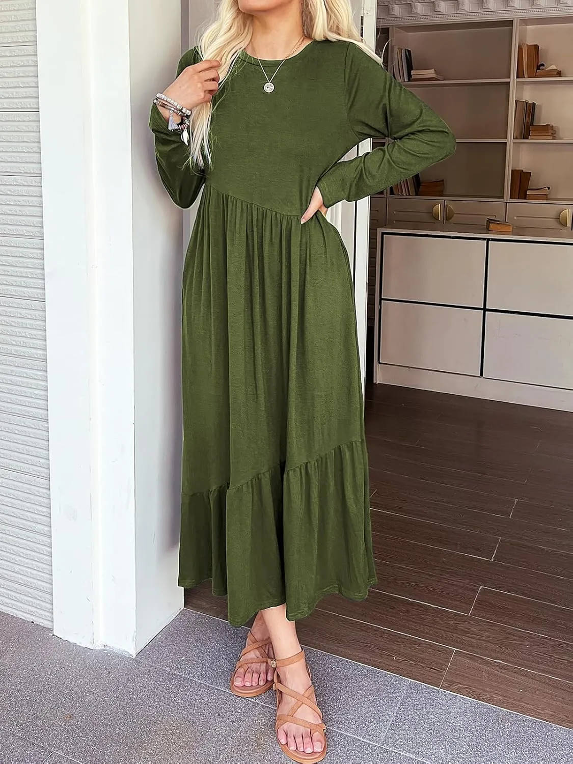 Women's Long Sleeves Maxi Dress Casual Loose Tiered Flowy Swing Beach Long Dresses with Pockets