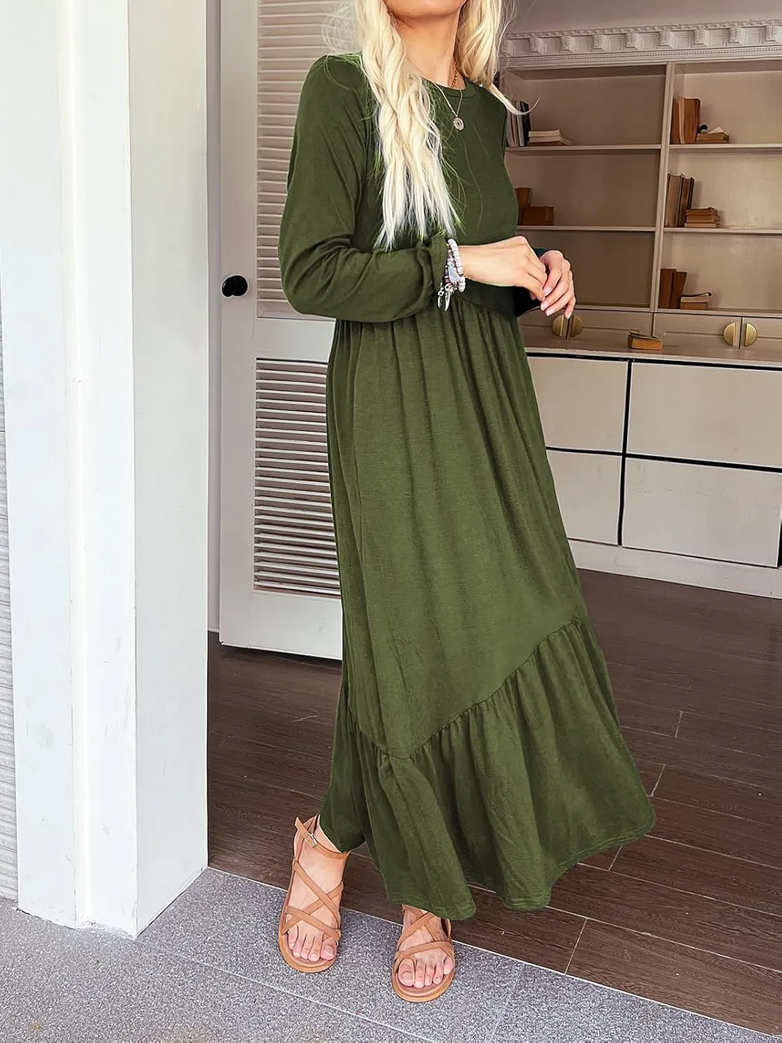 Women's Long Sleeves Maxi Dress Casual Loose Tiered Flowy Swing Beach Long Dresses with Pockets
