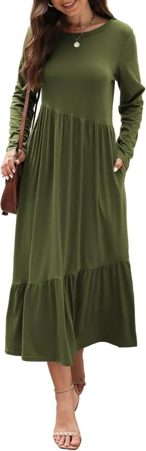 Women's Long Sleeves Maxi Dress Casual Loose Tiered Flowy Swing Beach Long Dresses with Pockets
