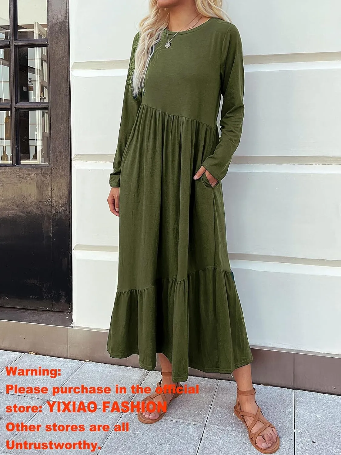 Women's Long Sleeves Maxi Dress Casual Loose Tiered Flowy Swing Beach Long Dresses with Pockets