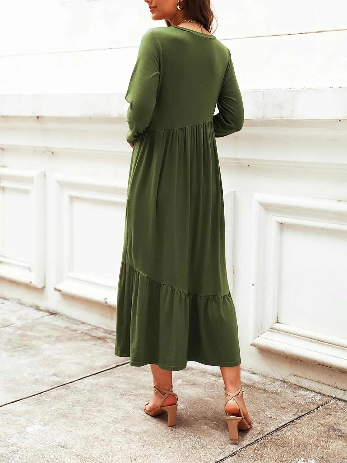 Women's Long Sleeves Maxi Dress Casual Loose Tiered Flowy Swing Beach Long Dresses with Pockets