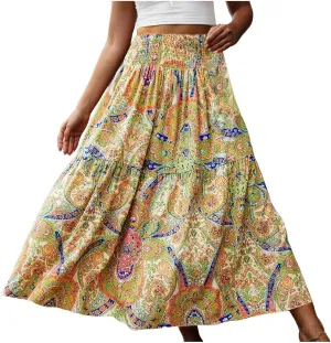 Women's Maxi Dresses 2025 Elastic High Waist Flared Maxi Skirts Floral Swing Midi Casual Summer Long Skirt, S-2XL