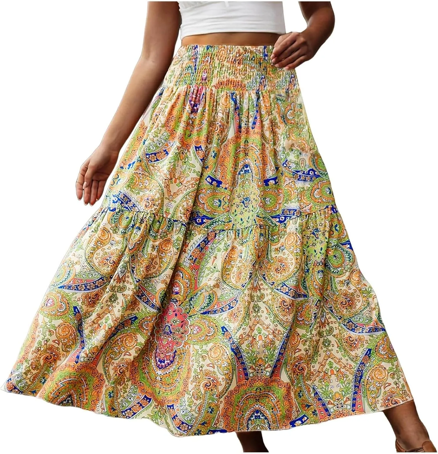 Women's Maxi Dresses 2025 Elastic High Waist Flared Maxi Skirts Floral Swing Midi Casual Summer Long Skirt, S-2XL