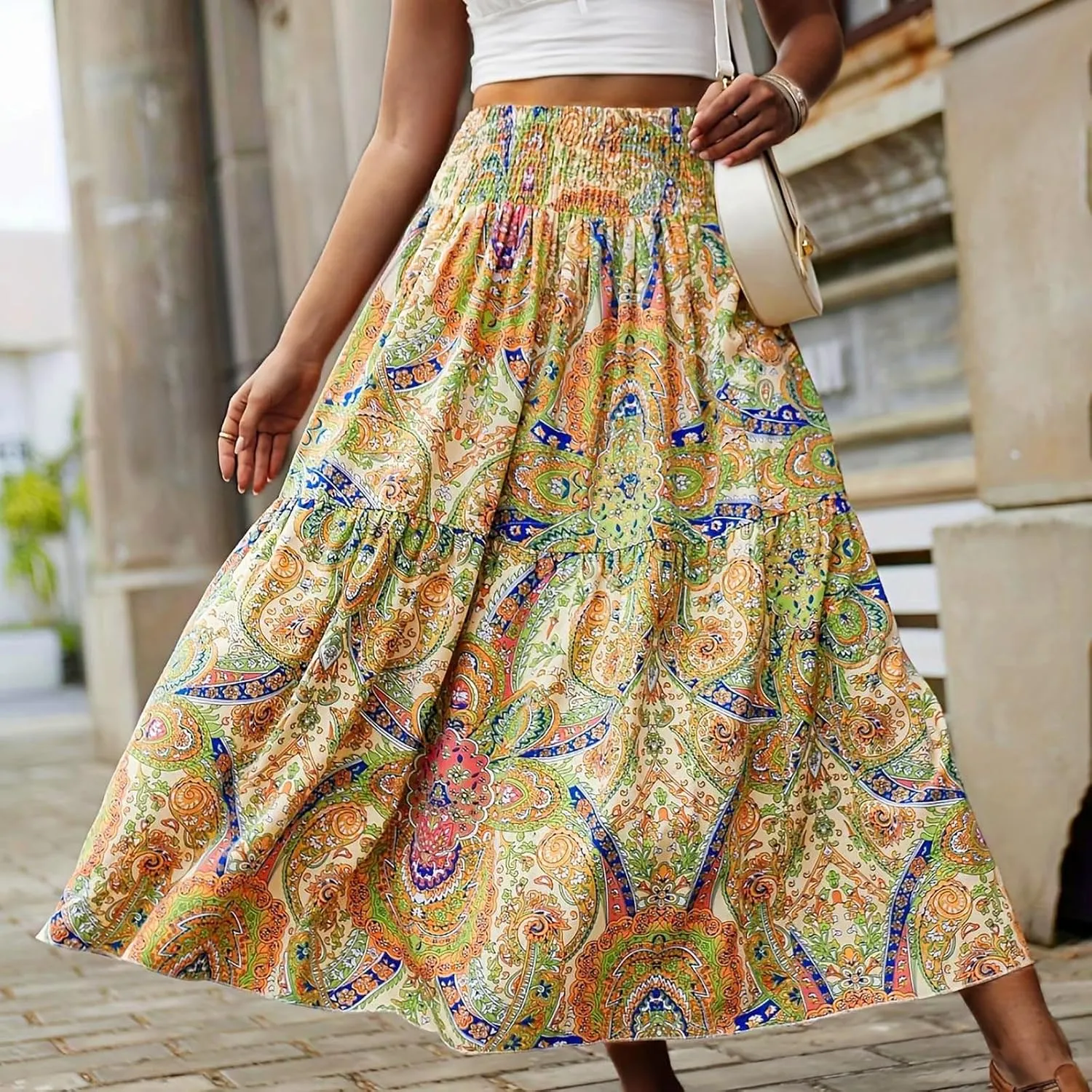 Women's Maxi Dresses 2025 Elastic High Waist Flared Maxi Skirts Floral Swing Midi Casual Summer Long Skirt, S-2XL