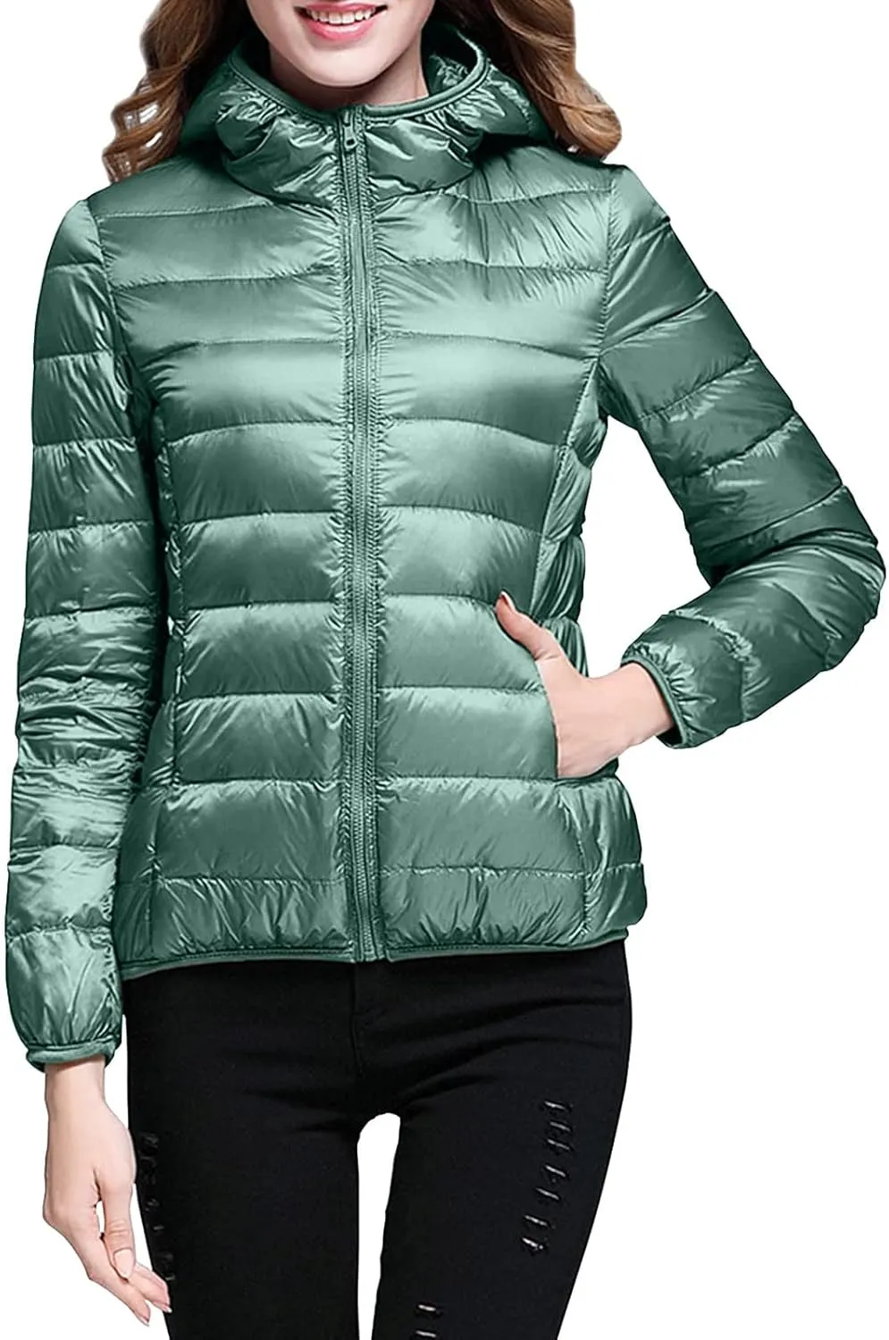 Womens Puffer Jacket 2024 Winter Warm Packable Down Jacket Lightweight Slim Fit Hooded Jacket Short Duck Down Coat