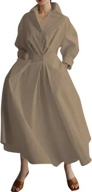 Women's Stand-Up Collar Cotton Breathable Dress Summer Ankle Length Shift Dress Side Pockets Simple Maxi Dress