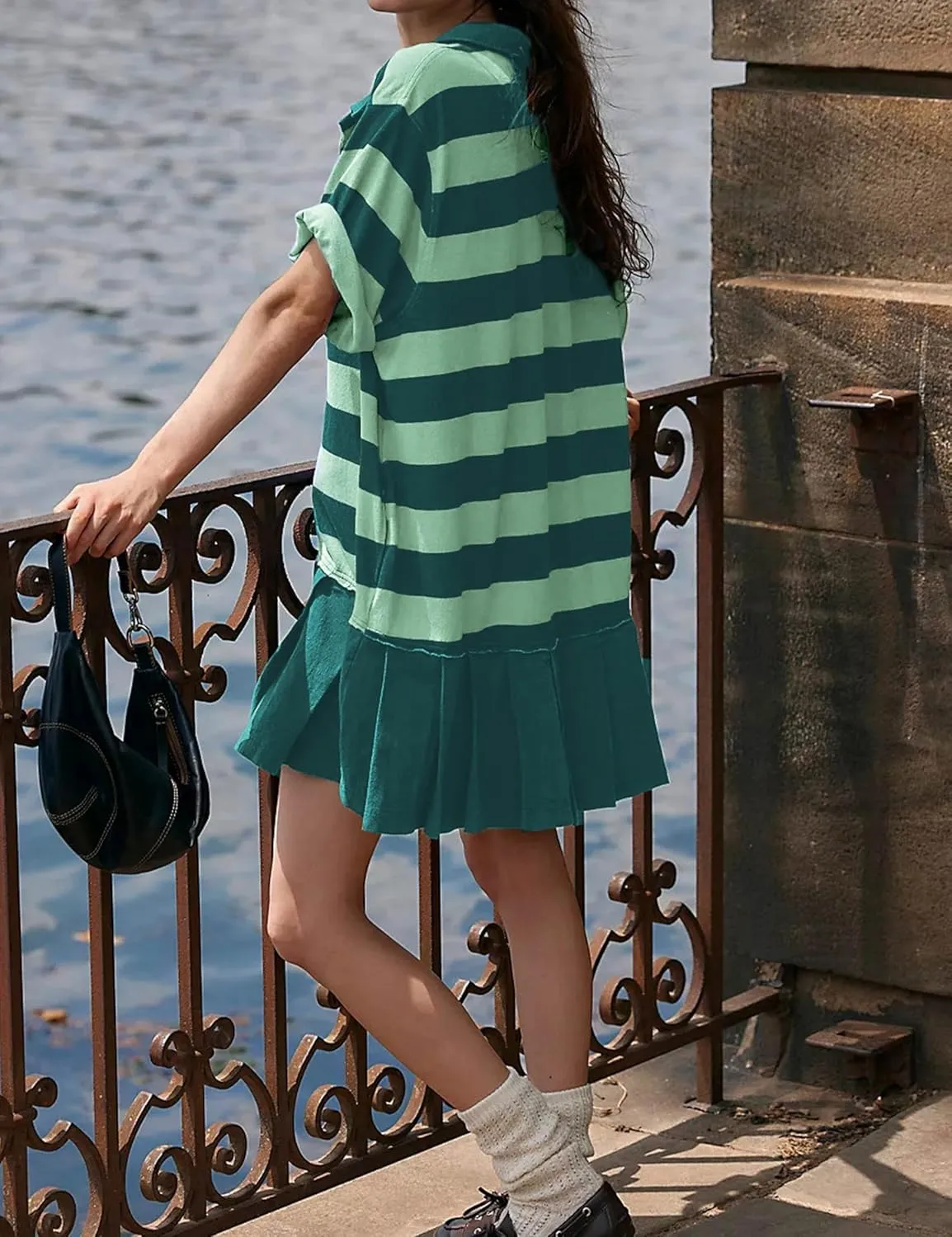 Womens Striped Shirt Dress Short Sleeve Pleated Color Block Sweatshirt Lapel Button Down Mini Dresses