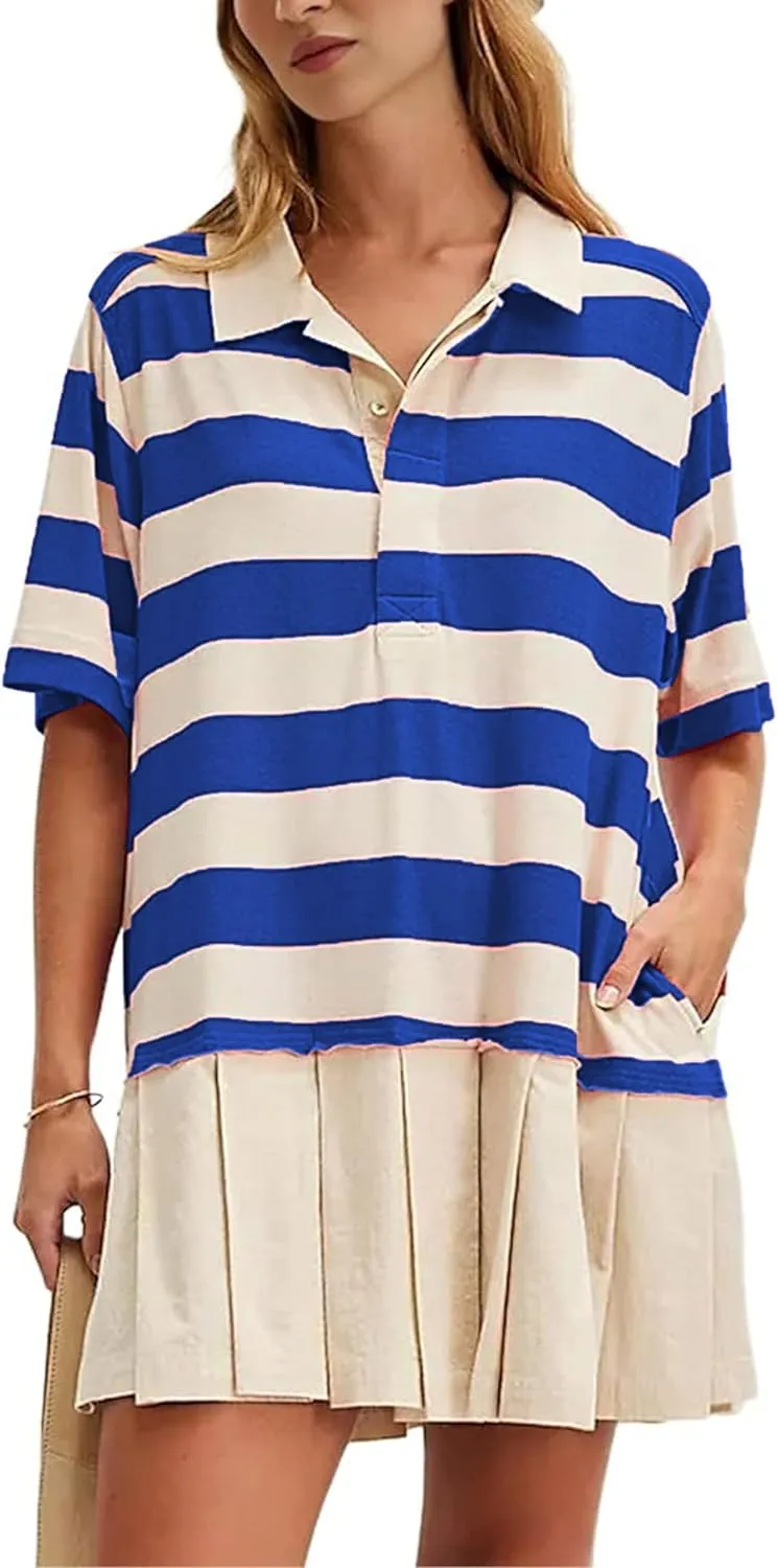 Womens Striped Shirt Dress Short Sleeve Pleated Color Block Sweatshirt Lapel Button Down Mini Dresses