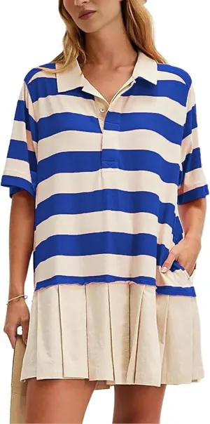 Womens Striped Shirt Dress Short Sleeve Pleated Color Block Sweatshirt Lapel Button Down Mini Dresses
