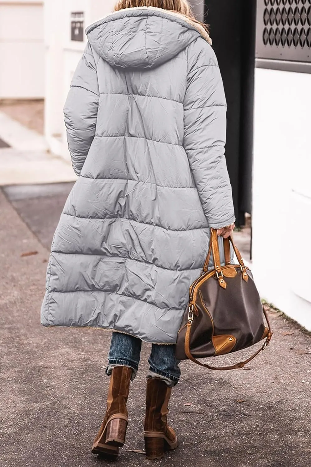 Women's Winter Hooded Quilted Coat Fleece Lined Long Puffer Jacket Winter Fashion Warm Reversible Zip Up Padded Coat