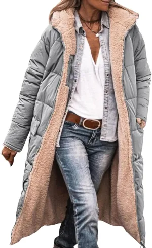 Women's Winter Hooded Quilted Coat Fleece Lined Long Puffer Jacket Winter Fashion Warm Reversible Zip Up Padded Coat