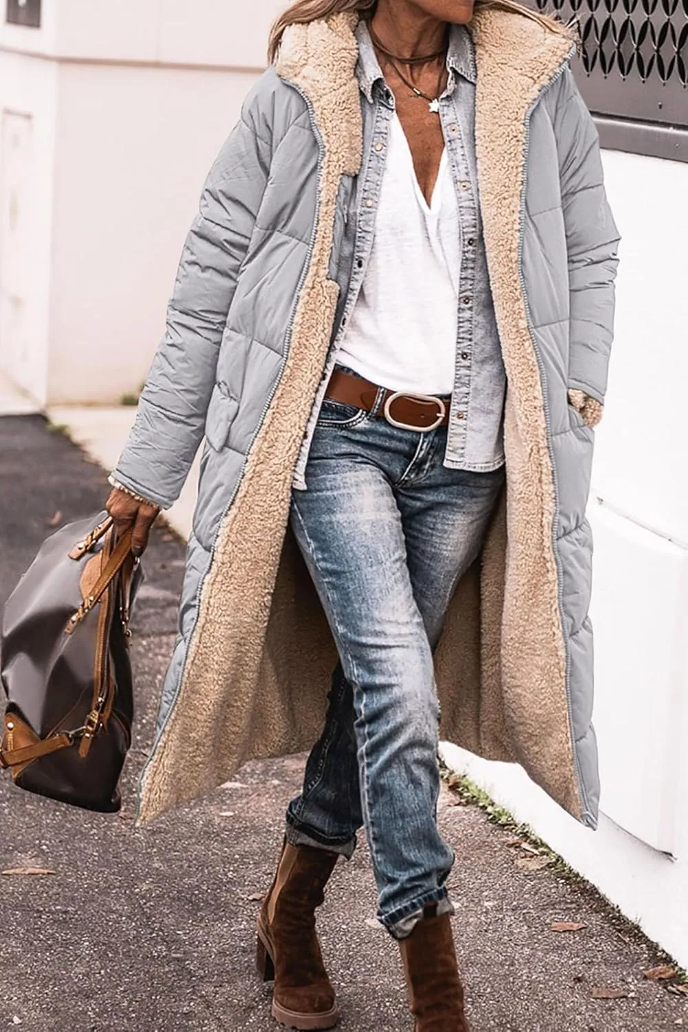 Women's Winter Hooded Quilted Coat Fleece Lined Long Puffer Jacket Winter Fashion Warm Reversible Zip Up Padded Coat